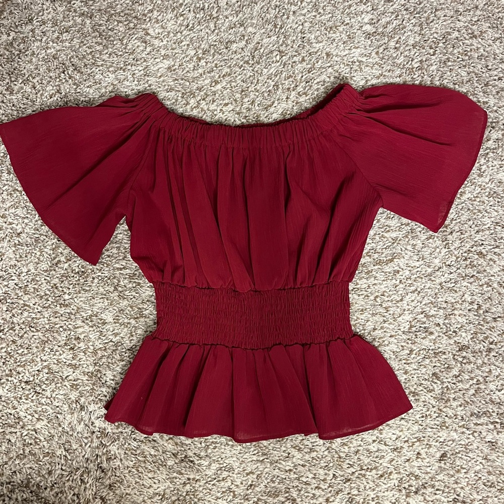 LaDonna Japanese fashion Red runched scoop neck blouse with corset ties in back